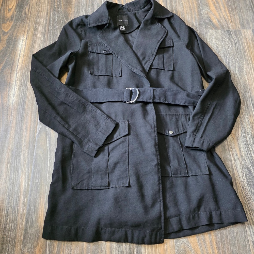 New Look Womens Black Utility Trench Coat Belted Cargo Pocket Jacket Size 8